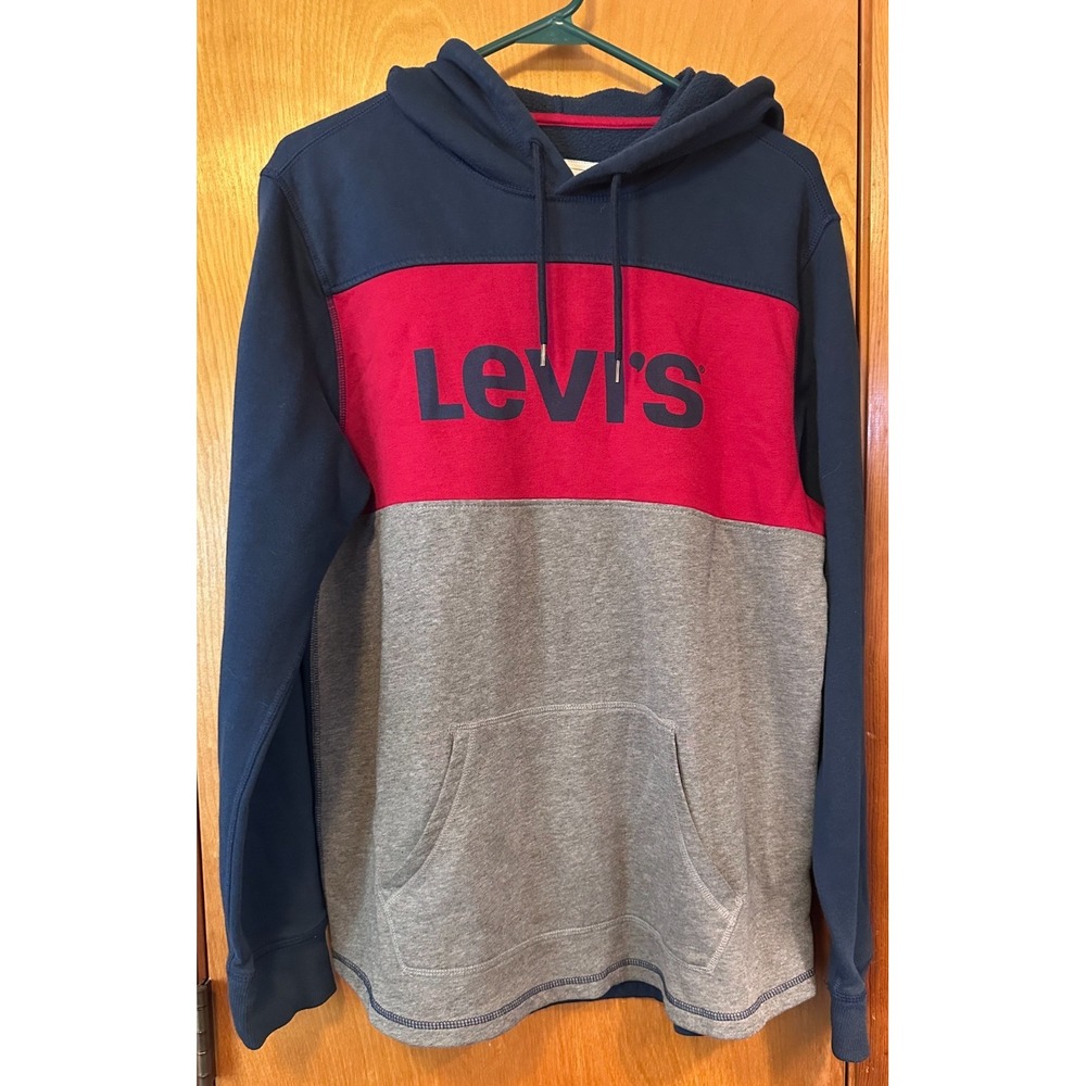 Levis Mens Colorblock Fleece Pullover Hoodie Sweatshirt Blue Red Gray Large